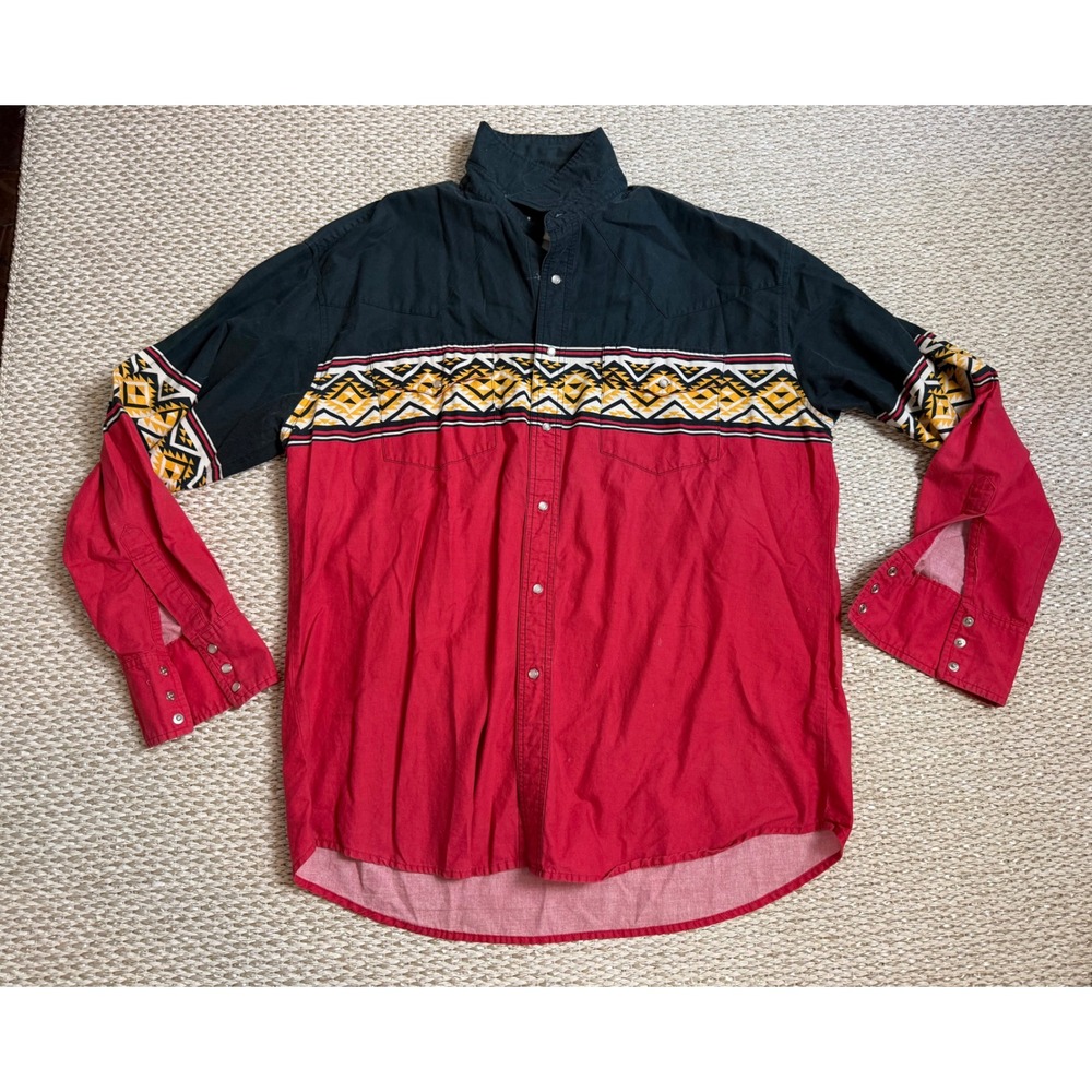 Rustler by Wrangler XL Western Pearl Snap Shirt Aztec Southwestern Red Vintage